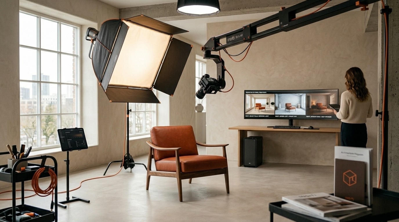 Estudio de fotografia con una butaca, focos y una pantalla con tres versiones del mismo render
