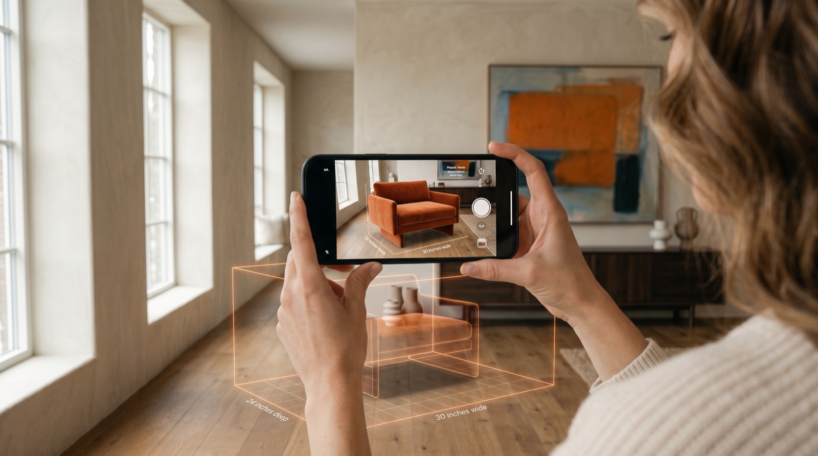 Movil mostrando una butaca en realidad aumentada con sus medidas reales sobre el suelo del salon