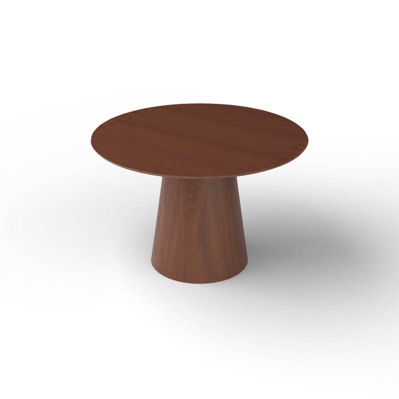 Render de una mesa redonda de pie cónico en madera oscura rojiza sobre fondo blanco