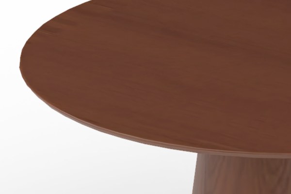 Recorte al 100 % del render: el canto del tablero de la mesa y parte del pie