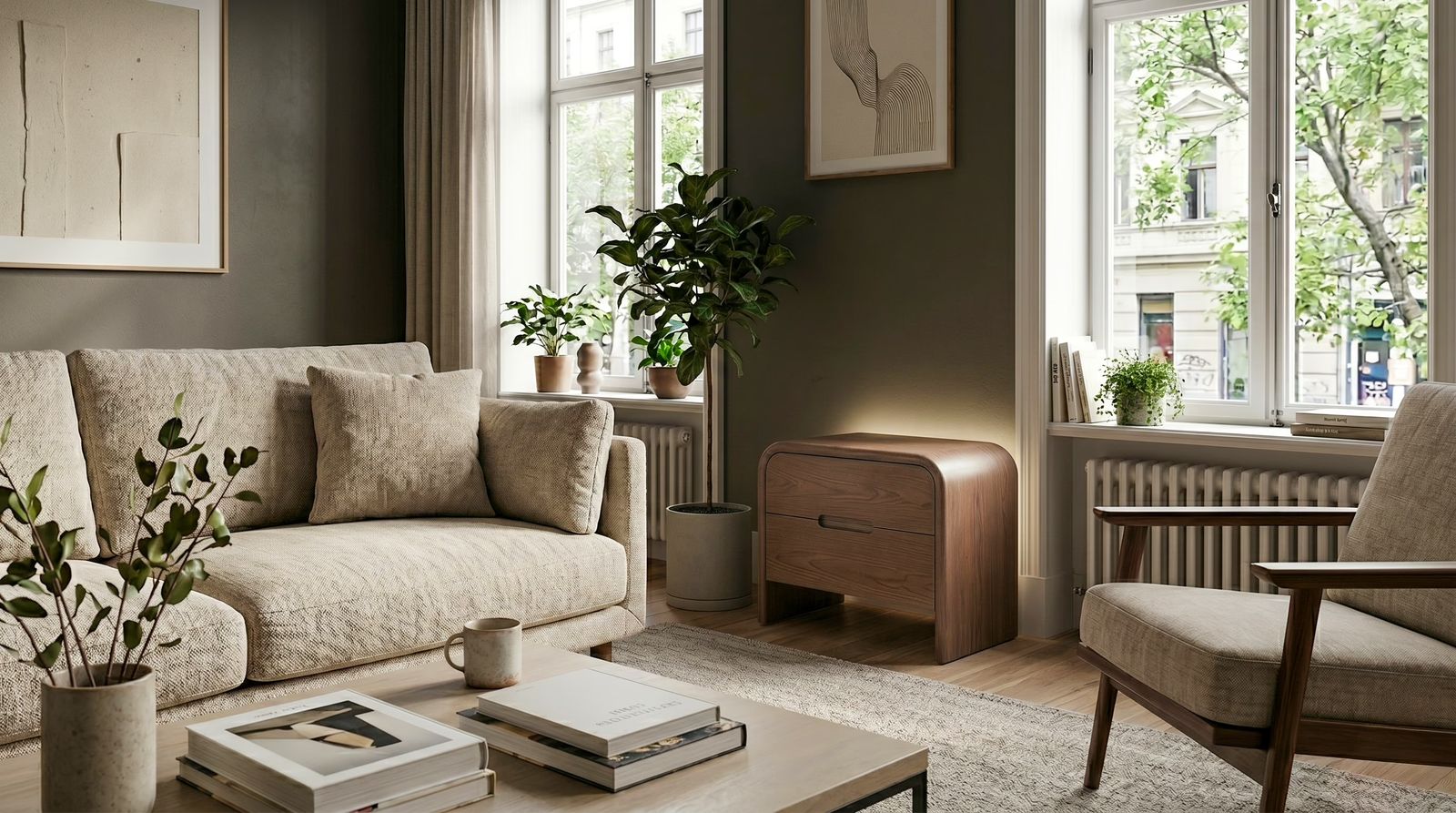 Salón con sofá de tela clara, mesita de madera y butaca junto a una ventana