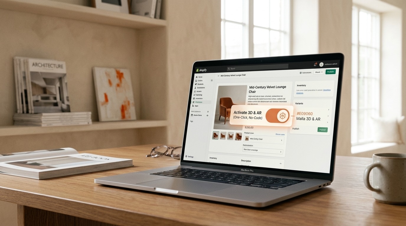 Panel de Shopify con la ficha de una butaca y el boton de activar 3D y realidad aumentada