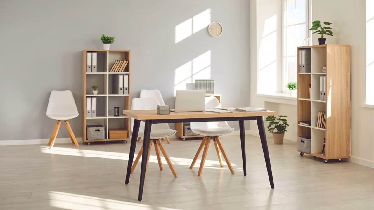 Mesa de trabajo con un portátil en un despacho luminoso