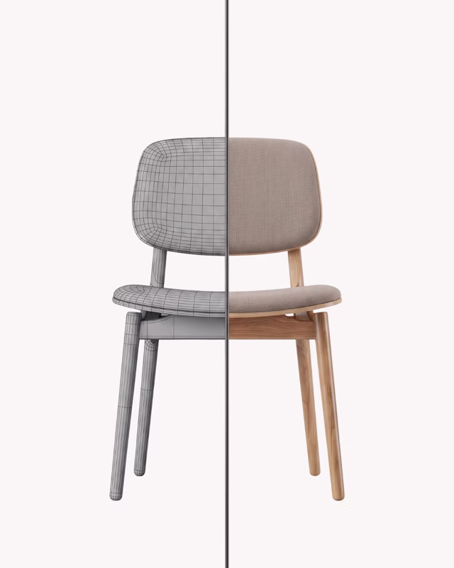 Una silla convertida en modelo 3D, girando sobre un paisaje de montaña